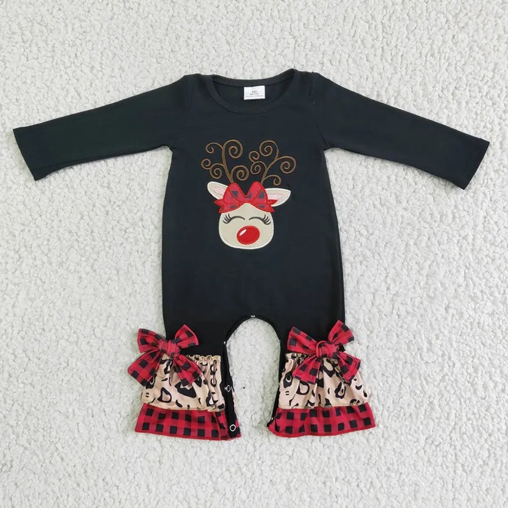 Baby Black & Red Reindeer Applique Ruffle Long Sleeve Romper 0-3M